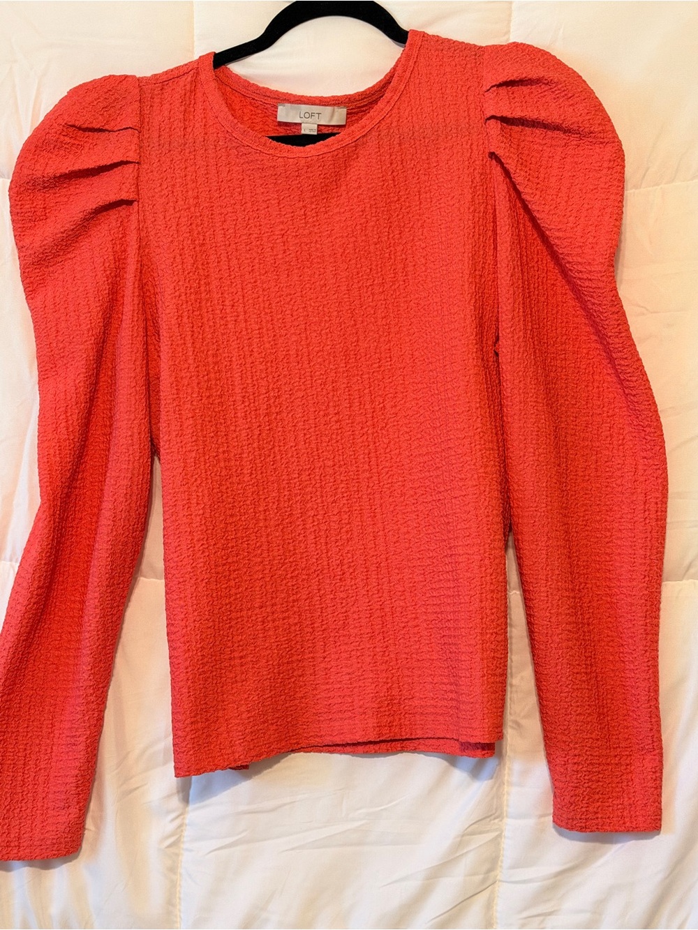 LOFT Coral-Red Puff Sleeve Textured Long Sleeve Top